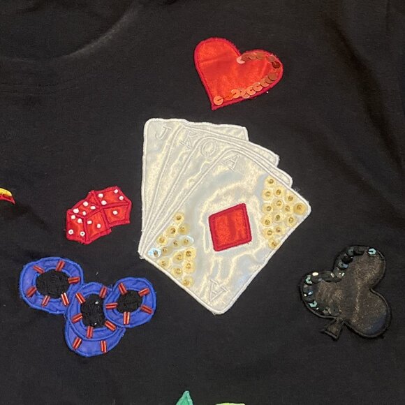 Vintage Casino Embroidered T Shirt SZ Large Gambling Beaded Sequin Black Tee y2k - Picture 3 of 10